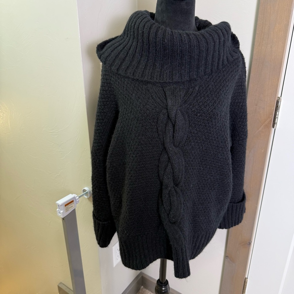 NWOT Talbots Wool Blend Cowl‎ Neck Cable Knit Black Heavyweight Sweater Long XL